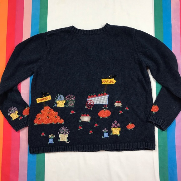 Vintage 90s Embroidered Long Sleeve Cardigan Fall Autumn Pumpkins - Picture 6 of 6